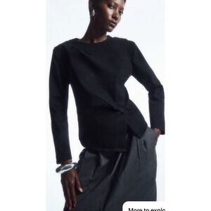 NWT COS Draped Denim Top Black Womens US 10 Padded Shoulder Long Sleeve Blouse